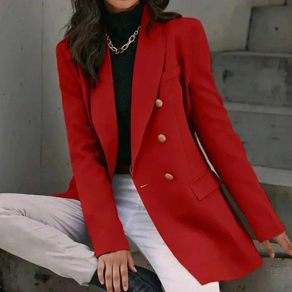 Red Elegant Women's work chic Lapel Neck Double Breasted Blazer - Picture 1 of 6